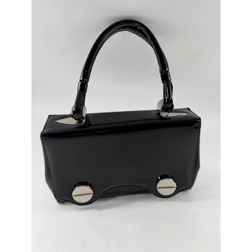 Crown Lewis Black Patent Leather Top Handle Bag Silver Hardware Dark Academia